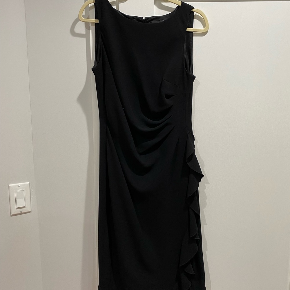 Tahari black sleeveless midi length dress with side ruffle